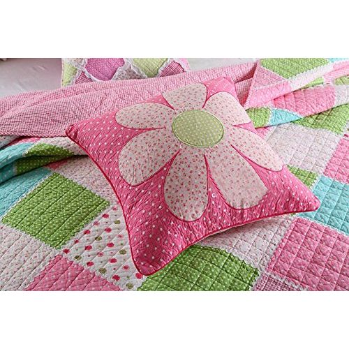  Comforbed 3-Piece Stitching Diamond Polka Dot Floral Patchwork Bedspread Quilt Set for Girls Children Kids Queen
