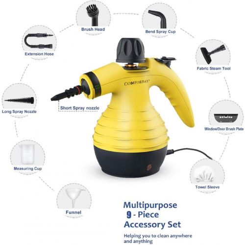  [아마존베스트]Comforday Multi-Purpose Handheld Pressurized Steam Cleaner with 9-Piece Accessories, Perfect for Stain Removal, Curtains, Car Seats, Floor, Window Cleaning (Yellow)