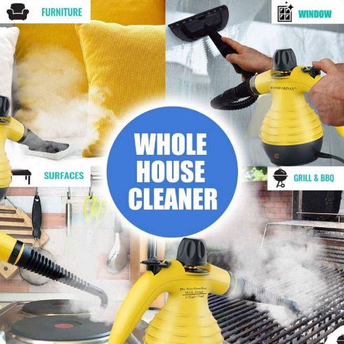  [아마존베스트]Comforday Multi-Purpose Handheld Pressurized Steam Cleaner with 9-Piece Accessories, Perfect for Stain Removal, Curtains, Car Seats, Floor, Window Cleaning (Yellow)