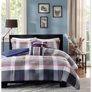 4 Piece Casual Plaid Pattern Twin/Twin XL Size Comforter Set, Tattersall Tartan Geometric Lines Classic Printed Checkered Design Bedding, Stylish Modern Lodge Cozy Teenage Bedroom,