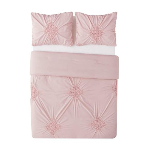  2 Pc Textured Ruched Solid Color Pretty Pink Queen Comforter Set Beautiful Medallion Floral Design Pinch Pleat Comforter Set Gorgeous Stunning Look Refreshing-View Hypoallergenic G