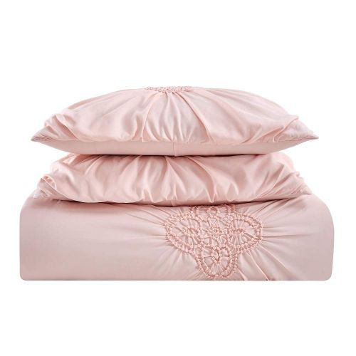  2 Pc Textured Ruched Solid Color Pretty Pink Queen Comforter Set Beautiful Medallion Floral Design Pinch Pleat Comforter Set Gorgeous Stunning Look Refreshing-View Hypoallergenic G