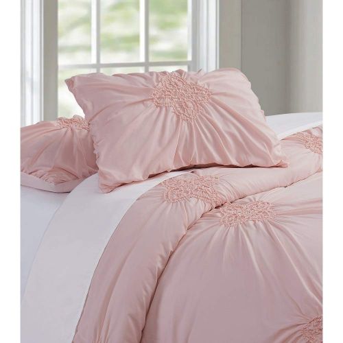  2 Pc Textured Ruched Solid Color Pretty Pink Queen Comforter Set Beautiful Medallion Floral Design Pinch Pleat Comforter Set Gorgeous Stunning Look Refreshing-View Hypoallergenic G