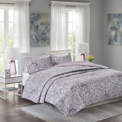  Comfort Spaces Kashmir Hypoallergenic All Season Lightweight Filling Paisley Print Girls 3 Piece Quilt Coverlet Bedspread Bedding Set, King, Plum Purple