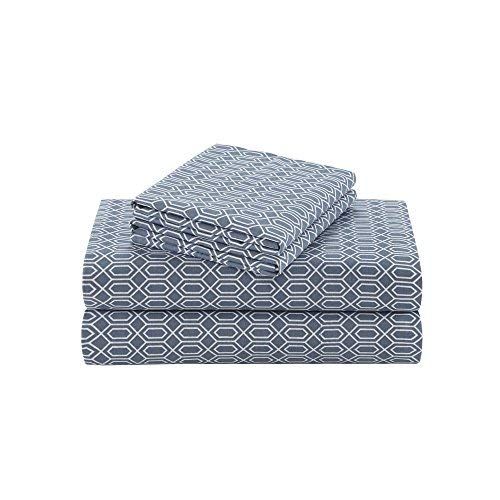  Comfort Spaces 100% Cotton Percale 4 Piece Set Ultra Soft Breathable Deep Pocket Printed Geometric Diamond Pattern Sheets with Pillow Cases Bedding, Cal King, Blue