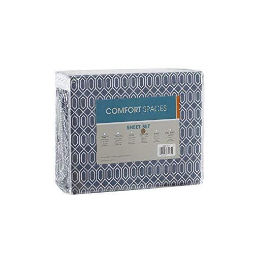  Comfort Spaces 100% Cotton Percale 4 Piece Set Ultra Soft Breathable Deep Pocket Printed Geometric Diamond Pattern Sheets with Pillow Cases Bedding, Cal King, Blue