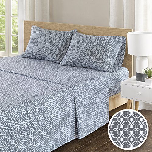  Comfort Spaces 100% Cotton Percale 4 Piece Set Ultra Soft Breathable Deep Pocket Printed Geometric Diamond Pattern Sheets with Pillow Cases Bedding, Cal King, Blue