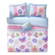 Comfort Spaces Happy Daisy Ultra Soft Hypoallergenic Microfiber Kid Butterfly/Floral 4 Piece Comforter Set Bedding, Queen, Blue