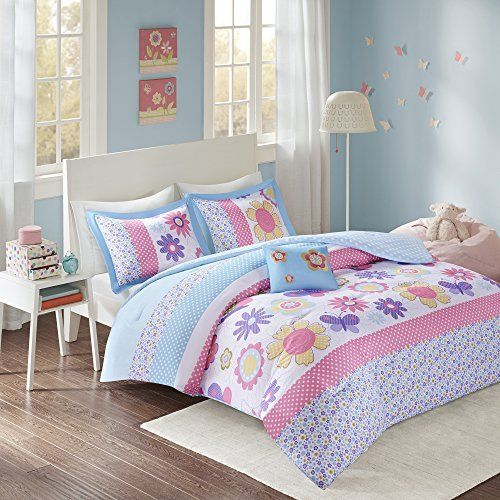  Comfort Spaces Happy Daisy Ultra Soft Hypoallergenic Microfiber Kid Butterfly/Floral 4 Piece Comforter Set Bedding, Queen, Blue