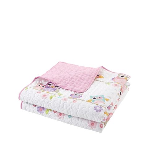  Comfort Spaces Howdy Hoots 3 Piece Quilt Coverlet Bedspread Owl Print Ultra Soft Hypoallergenic Kids Teens Girls Bedding Set, Full/Queen, Pink/White
