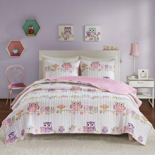  Comfort Spaces Howdy Hoots 2 Piece Quilt Coverlet Bedspread Owl Print Ultra Soft Hypoallergenic Kids Teens Girls Bedding Set, Twin, Pink/White