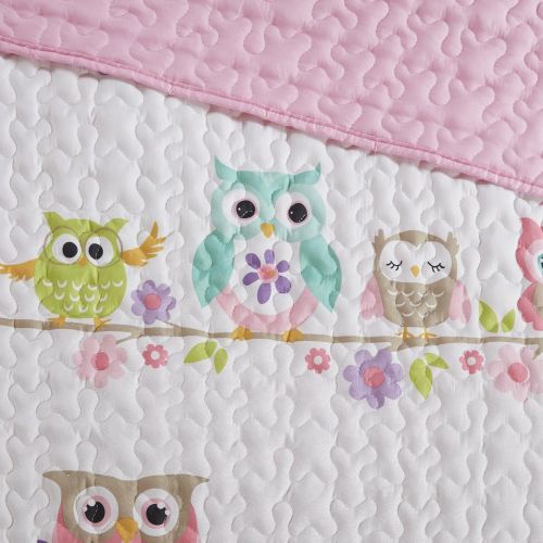  Comfort Spaces Howdy Hoots 2 Piece Quilt Coverlet Bedspread Owl Print Ultra Soft Hypoallergenic Kids Teens Girls Bedding Set, Twin, Pink/White