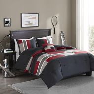 [아마존베스트]Comfort Spaces Comforter Set All Season Ultra Soft Hypoallergenic Microfiber Pipeline Boys Dormitory Bedding, Twin/Twin XL, Pierre Black Red Stripe,CS10-0752