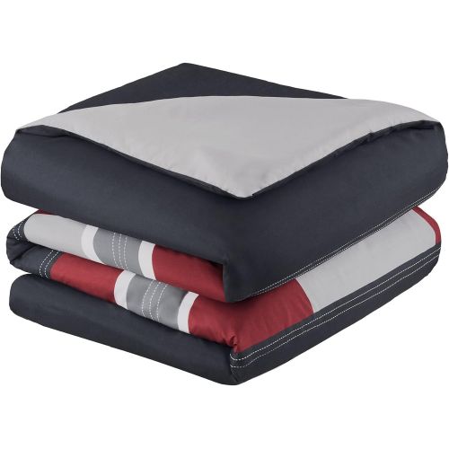  [아마존베스트]Comfort Spaces Comforter Set All Season Ultra Soft Hypoallergenic Microfiber Pipeline Boys Dormitory Bedding, Twin/Twin XL, Pierre Black Red Stripe,CS10-0752