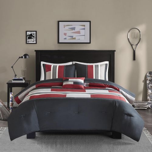  [아마존베스트]Comfort Spaces Comforter Set All Season Ultra Soft Hypoallergenic Microfiber Pipeline Boys Dormitory Bedding, Twin/Twin XL, Pierre Black Red Stripe,CS10-0752