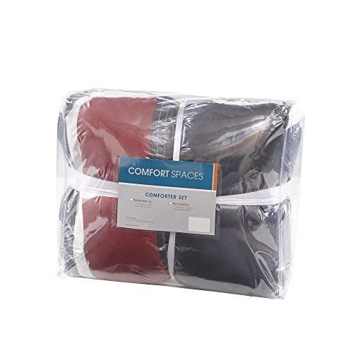  Comfort Spaces Pierre 4 Piece Comforter Set All Season Ultra Soft Hypoallergenic Microfiber Pipeline Stripe Boys Dormitory Bedding, Full/Queen, Black Red
