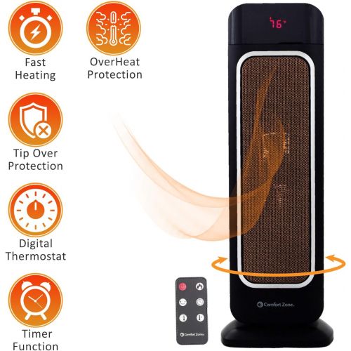  [아마존베스트]Comfort Zone Oscillating Space Heater  Ceramic Forced Fan Heating with Stay Cool Housing - Tower with Remote Control, Digital Thermostat, Timer, Large Temperature Display and Effi