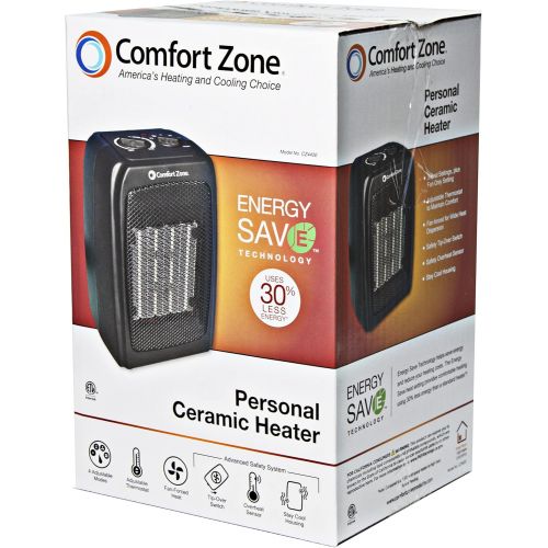  Comfort Zone CZ442E Personal Ceramic Energy Save Heater, 1500W, Adjustable Thermostat, Tip-Over Switch & Overheat Protection, Black