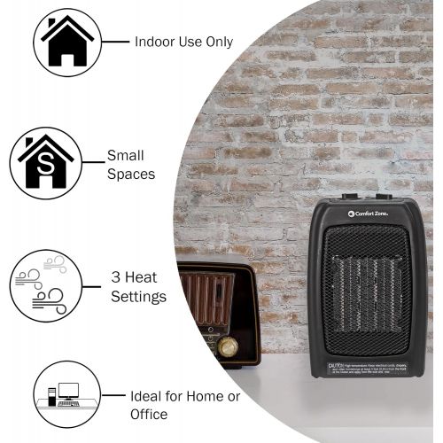  Comfort Zone CZ442E Personal Ceramic Energy Save Heater, 1500W, Adjustable Thermostat, Tip-Over Switch & Overheat Protection, Black