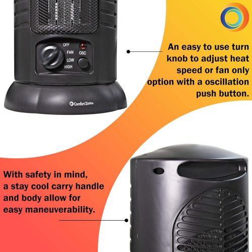  Comfort Zone CZ488 1500 Watt Mini Oscillating Ceramic Tower Heater, Black
