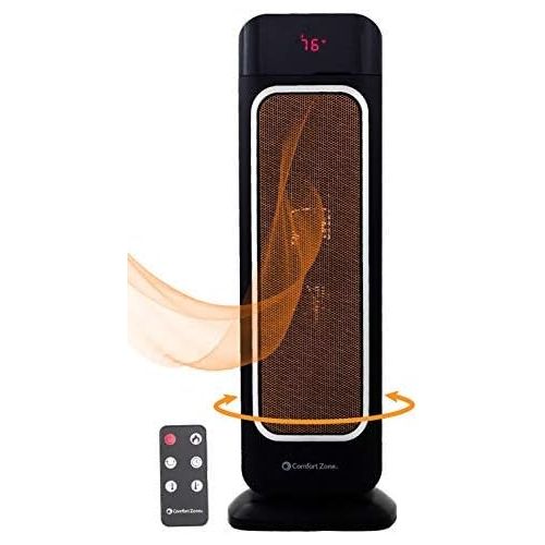  Comfort Zone Oscillating Space Heater ? Ceramic Forced Fan Heating with Stay Cool Housing - Tower with Remote Control, Digital Thermostat, Timer, Large Temperature Display and Efficient ECO Mod