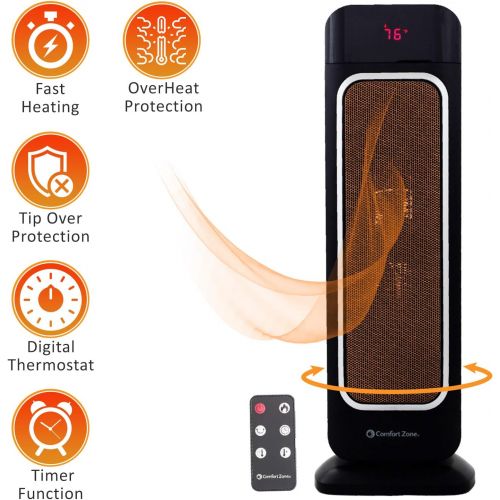  Comfort Zone Oscillating Space Heater ? Ceramic Forced Fan Heating with Stay Cool Housing - Tower with Remote Control, Digital Thermostat, Timer, Large Temperature Display and Efficient ECO Mod