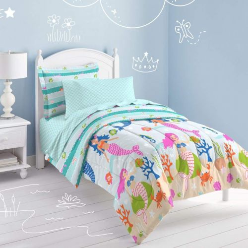  7 Piece Girls Blue Multi Mermaid Theme Comforter Full Queen Set, Beautiful Deep Sea Fun Creatures Design, Fishes, Seahorses, Shells, Coral Floral Print, Scallop Pattern Reverse Bed