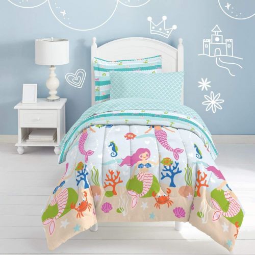  7 Piece Girls Blue Multi Mermaid Theme Comforter Full Queen Set, Beautiful Deep Sea Fun Creatures Design, Fishes, Seahorses, Shells, Coral Floral Print, Scallop Pattern Reverse Bed