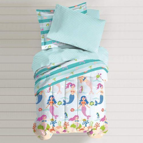  7 Piece Girls Blue Multi Mermaid Theme Comforter Full Queen Set, Beautiful Deep Sea Fun Creatures Design, Fishes, Seahorses, Shells, Coral Floral Print, Scallop Pattern Reverse Bed