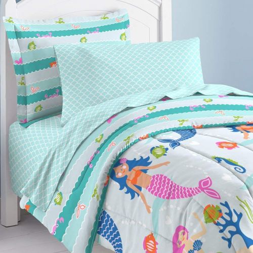  7 Piece Girls Blue Multi Mermaid Theme Comforter Full Queen Set, Beautiful Deep Sea Fun Creatures Design, Fishes, Seahorses, Shells, Coral Floral Print, Scallop Pattern Reverse Bed