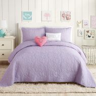 Comforter 4 Piece Purple Heart Quilt Twin Set Heart Bedding Girls Emboss All Over Love Smile Motif Themed Solid Color Pattern Pink White, Cotton