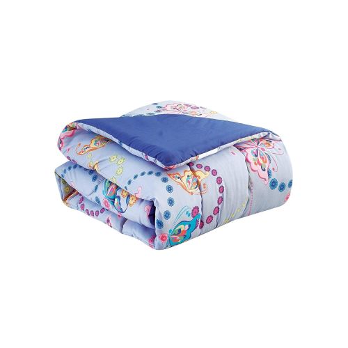  3 Piece Purple Blue Flowered Comforter Full Sized Set Girls Butterfly Bedding Set Floral Butterflies Scroll Motif Dots Themed Pattern, Microfiber