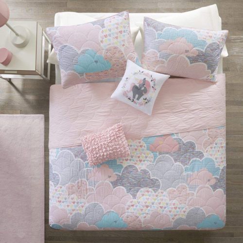 Comforter 5 Piece Girls Pastel Color Cloud Themed Coverlet Full Queen Set, Baby Blue Aqua Light Pink White Grey Sky Clouds Bedding, Playful Fun Polka Dot Heart Love Swirl Dots Pattern, Cotto