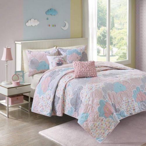  Comforter 5 Piece Girls Pastel Color Cloud Themed Coverlet Full Queen Set, Baby Blue Aqua Light Pink White Grey Sky Clouds Bedding, Playful Fun Polka Dot Heart Love Swirl Dots Pattern, Cotto