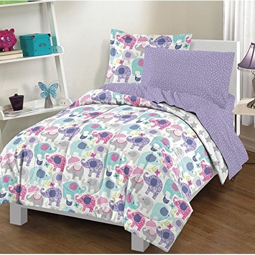  7pc Girls Purple Elephant Comforter Full Set, Dot Star Striped Umbrellas Daisy, Cute Polka Dot Animals Bedding, Hot Pink Light Sky Blue Leaf Green, Flower Bird Umbrella Themed