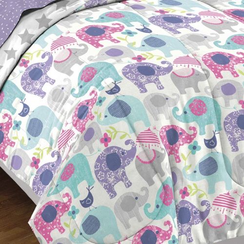  7pc Girls Purple Elephant Comforter Full Set, Dot Star Striped Umbrellas Daisy, Cute Polka Dot Animals Bedding, Hot Pink Light Sky Blue Leaf Green, Flower Bird Umbrella Themed