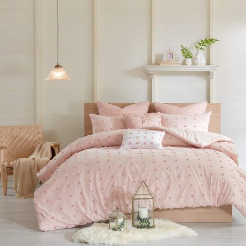  5pc Girls Light Baby Pink Tufts Dot Themed Comforter Twin XL Set, Small Circle Polkadot Textured Theme Pattern, Girly Pretty Polka Dots Bedding