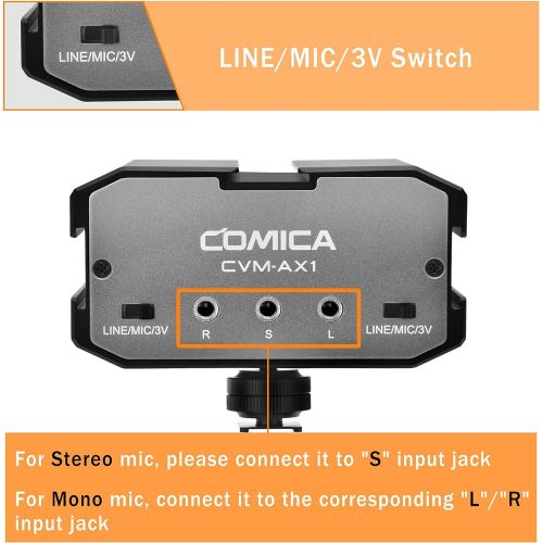  Comica CVM-AX1 DSLR Audio Adapter, Microphone Audio Mixer Adapter with Real-time Monitoring, Dual Channels 3.5mm Port Camera Mixer for Canon Nikon Sony Panasonic DSLR Camera Camcor