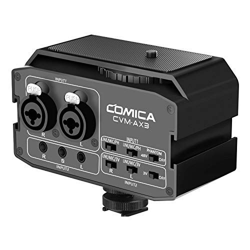  DSLR Preamp, Comica CVM-AX3 XLR Microphone Audio Mixer, Dual XLR/3.5mm/6.35mm Port Camera Mixer, Video Adapter with Real-time Monitoring for Canon Nikon Sony Panasonic DSLR Camera