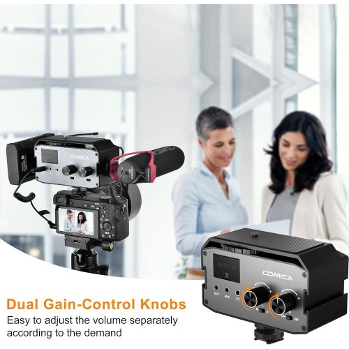  XLR Audio Mixer, Comica CVM-AX3 Dual XLR/6.35mm/3.5mm Video Audio Mixer with Real-time Monitoring, Camera Mixer for Canon Nikon Sony Panasonic DSLR Camera Camcorder etc.