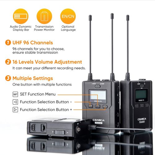  Wireless Lavalier Microphone, Comica CVM-WM200A 96-Channel UHF Wireless Dual Lavalier Microphone System for DSLR Cameras Smartphones and Camcorders, Interview Recording Filmmaker (