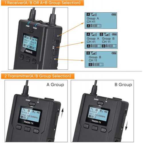  Wireless Lavalier Microphone, Comica CVM-WM200A 96-Channel UHF Wireless Dual Lavalier Microphone System for DSLR Cameras Smartphones and Camcorders, Interview Recording Filmmaker (