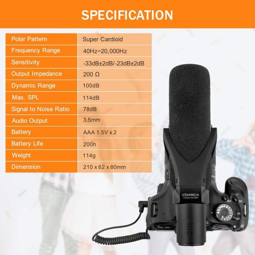  Camera Microphone, Comica CVMV30PRO Professional Super Cardioid Video Recording Microphone with Wind Muff, Shotgun Microphone for Canon Nikon Sony DSLR Cameras,Camcorder(3.5mm TRS