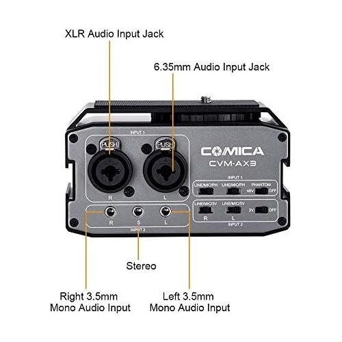  [아마존베스트]Comica CVM-AX3 XLR Audio Mixer Adapter Preamplifier Dual XLR / 3.5 mm / 6.35 mm Port Camera Mixer for Canon Nikon Sony Panasonic DSLR Camera Camcorder (Support for Real-time Monito