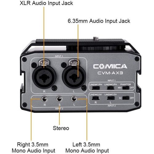  [아마존베스트]Comica CVM-AX3 XLR Audio Mixer Adapter Preamplifier Dual XLR / 3.5 mm / 6.35 mm Port Camera Mixer for Canon Nikon Sony Panasonic DSLR Camera Camcorder (Support for Real-time Monito