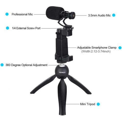  Comica COMICA CVM-WS50(B) Mobile Professional Smartphone Microphone Lavalier Wireless System 6-Channels with Built-in Smartphone Holder+ Flexible Combination with Control Grip+Tripod