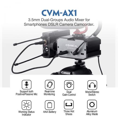  Comica CVM-AX1 Audio Mixer Adapter, 3.5mm Mono Stereo Dual-Channel Microphone Amplifier for Smartphones DSLR Camera Camcorder, Full Aluminum Housing