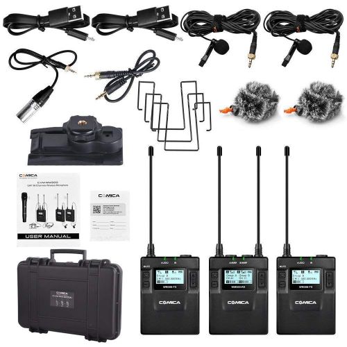  Comica CVM-WM300(A) 96-Channel Zinc Alloy UHF Rechargeable Wireless Dual Lavalier Microphone System for Canon Nikon Sony Panasonic DSLR Camera,XLR camcorder & Smartphone (394-Foot