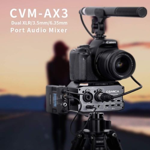  XLR Audio Mixer,Comica CVM-AX3 Audio Mixer Adapter Preamplifier Dual XLR3.5mm6.35mm Port Camera Mixer for Canon Nikon Sony Panasonic DSLR Camera Camcorder (Support Real-time Moni