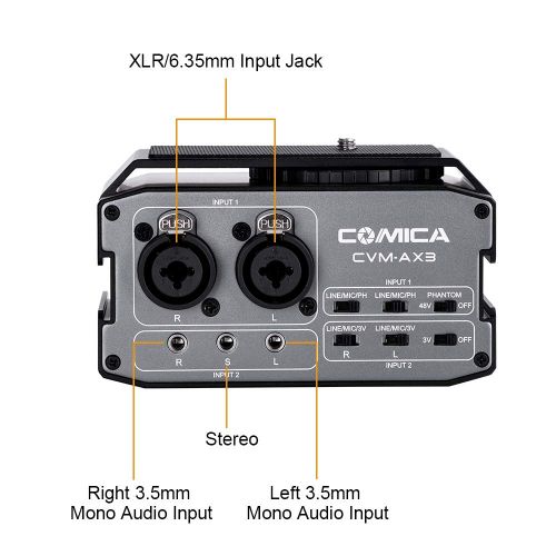  XLR Audio Mixer,Comica CVM-AX3 Audio Mixer Adapter Preamplifier Dual XLR3.5mm6.35mm Port Camera Mixer for Canon Nikon Sony Panasonic DSLR Camera Camcorder (Support Real-time Moni
